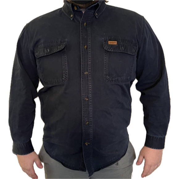 Carhartt Workwear 2 Pocket Logo Navy Long Sleeve Button Up Collar Shirt - Picture 1 of 10